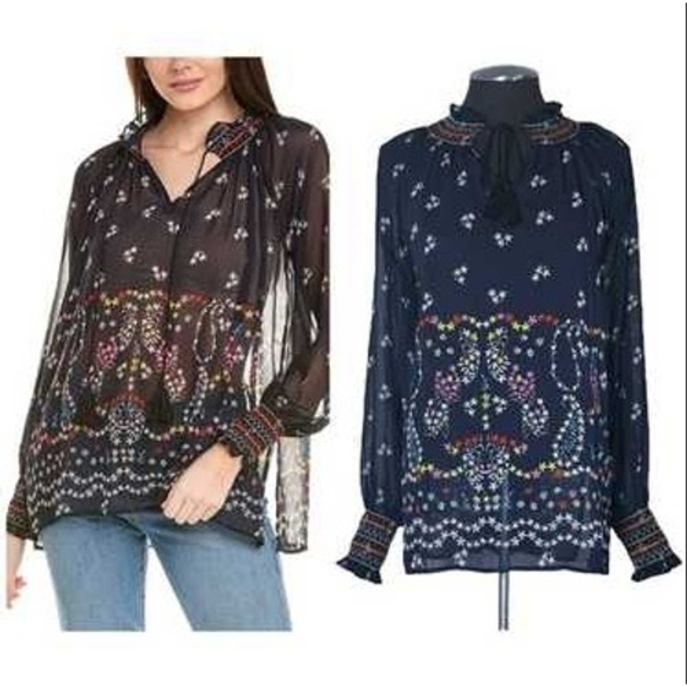 CAbi size Medium Navy Colorful Tie Front Smock Sheer Boho Blouse Feminine